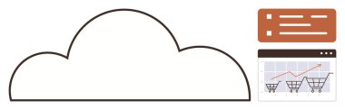 Alışveriş arabalarını ve yukarı bakan grafikleri gösteren bir gösterge paneli olan bulut çizgisi. E-ticaret, bulut çözümleri, iş büyümesi, analitik, veri yönetimi, perakende stratejisi, dijital pazarlama için ideal