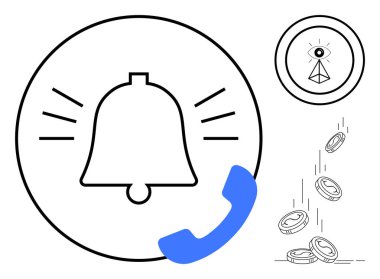 Ses sinyalli çan, mavi telefon alıcısı, üçgen sembollü göz, hareket halindeki bozuk paralar. Bildirimler, uyarılar, iletişim, finans, teknoloji bağlantısı için ideal modern iş