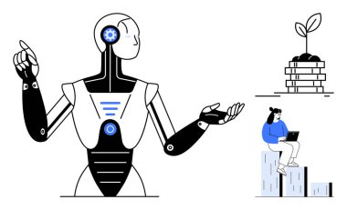 İnsansı robot hareketleri, bozuk paralardan filizlenen bitki, dizüstü bilgisayarda çalışan kadın. Yapay zeka, otomasyon, sürdürülebilirlik, teknoloji, yenilik eğitimi ve gelecek tasarım kavramları için idealdir. Temiz