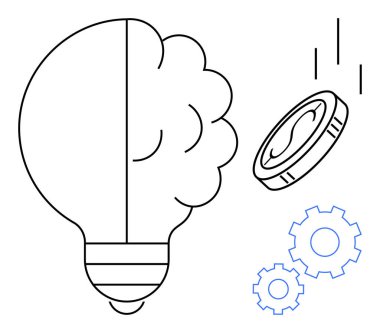 Beyni olan bir ampul, bozuk paraların düşmesi ve dişlilerin birbirine kenetlenmesi. Yaratıcılık, yenilik, teknoloji, finans, problem çözen girişimcilik ekonomik büyüme için idealdir. Basit bir düz metafor.