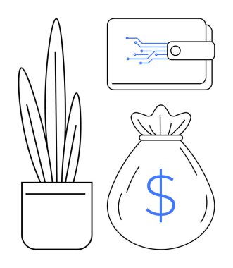 Para çantası, esrar fabrikası ve devreli dijital cüzdan finansal büyüme, teknoloji ve eko-finansmanı simgeliyor. Tasarruf, yatırım, fintech, dijital ekonomi sürdürülebilirlik zenginliği için ideal