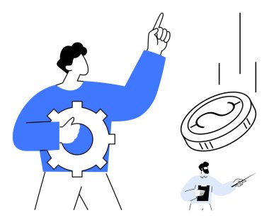 Madeni paranın yanına bakan bir adam ve pano taşıyan bir meslektaşı var. Takım çalışması, yenilik, büyüme, liderlik, finans, strateji, iş başarısı için ideal. Basit düz metafor