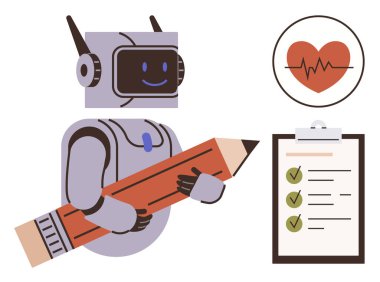 Kalem listesi ve kalp ikonu olan robot sağlık takibi, verimlilik ve yaratıcılık konusunda teknoloji öneriyor. Sağlık hizmetleri, yapay zeka, kişisel bakım, organizasyon, tıbbi teknoloji, alışkanlık geliştirme için ideal