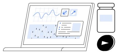 Bilgisayar ekranında veri grafiği, görev listesi ve yön bulma seçenekleri ilaç şişesi ve oynatma düğmesiyle gösteriliyor. Sağlık, teknoloji, araştırma, üretkenlik, analitik ve eğitim için ideal
