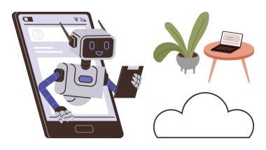 Akıllı telefon tabletinden çıkan robot, bitkinin yanında, masada dizüstü bilgisayar, bulut simgesi. Yapay zeka, otomasyon, teknoloji, uzaktan çalışma yeniliği için ideal dijital dönüşüm. Basit düz