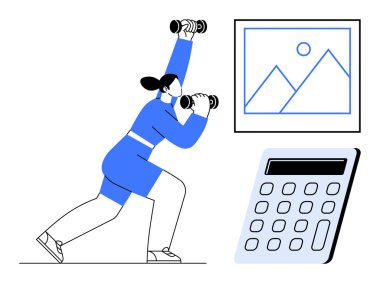 Çerçeveli bir resim ve hesap makinesinin yanında dambıllarla saldıran kadın, fitness, iş-yaşam dengesi, verimlilik, sağlık, hedefler, rutin, odaklanma. Yaşam tarzı sağIık zamanı yönetimi için ideal