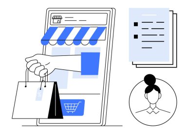 Bir tablet ekranda dijital mağaza önü, alışveriş torbaları, kullanıcı profili ve kontrol listesi ile eşleştirilmiş. E-ticaret, dijital pazarlama, perakende sektörü, tüketici davranışı için ideal, çevrimiçi
