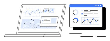 Dizüstü bilgisayar ve ekran görüntüleme çizelgeleri, analiz ve raporlar. İş, teknoloji, veri görselleştirme, analitik, yazılım ekip çalışması ve verimlilik için ideal. Modern temiz ve basit bir daire