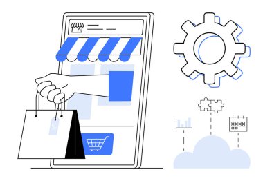 El ele tutuşan alışveriş torbalarıyla gezici mağaza önü. Vites, bulut, çizelge ve bulmaca parçaları otomasyon, analiz ve bulut sistemlerini sembolize eder. Perakende satış ve teknik iş akışı tüketici yeniliği için ideal