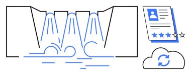 Şelale aşamalı adımlar, aday değerlendirmesine reytinglerle devam et, bulut eşzamanlama simgesi. Proje yönetimi, işe alım, iş akışı, takım çalışması, süreçler, veri analizi için ideal basit düz