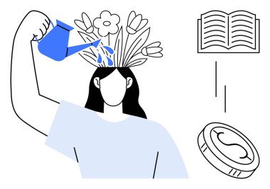 Kadın kafasından çiçek açan suları büyümeyi ve yaratıcılığı sembolize ediyor. Açık kitap ve para özellikleri. Eğitim, öz gelişim, öğrenme, farkındalık, finans, yaratıcılık için ideal