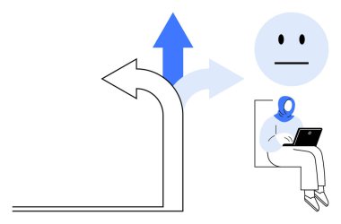 Dizüstü bilgisayarı olan, geniş yüzlü, tarafsızlık gösteren bir insan ve seçenekleri veya yolları gösteren oklar. Karar verme, duygu, teknoloji, kariyer rehberliği, öz-yansıma, kullanıcı için ideal