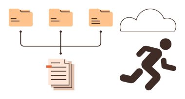 Bulut deposuna bağlanan dizinler, döküman yığını ve çalışan figür. Veri yönetimi, bulut göçü, dijital dönüşüm, verimlilik, hız, uzaktan çalışma için ideal basit düz