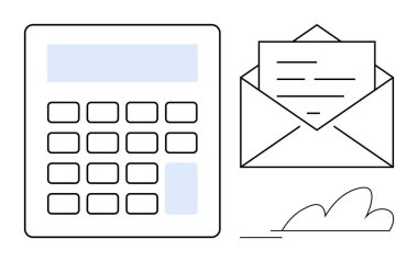 İçinde harf olan bir zarfın yanında basit bir tuş takımı olan hesap makinesi. Finans, muhasebe, bütçe, iletişim, analitik, yazışma, organizasyon için ideal. Temiz minimal düz metafor
