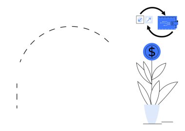 Para fabrikasının sapında dolar sikkesi ve işlem döngüsü simgesi var. Kavramların ideali mali büyüme, yatırım, tasarruf, ekonomik akış, pasif gelir, fintech, basit düz metafor