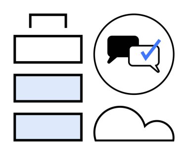 Yığılmış bar yapısı, işaretli konuşma baloncukları ve bir bulut simgesi. İşbirliği, iletişim, verimlilik, görev tamamlama, iş akışı sistemleri dijital araçları saklamak için idealdir. Basit.