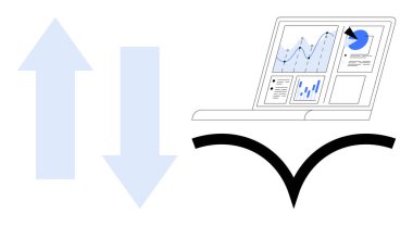 Dizüstü bilgisayarda yukarı ve aşağı oklar boyunca grafikler, grafikler ve analitikler gösteriliyor. Veri analizi, eğilimler, iş stratejisi, finans, performans ölçümleri, basit düz metafor tahmini için ideal