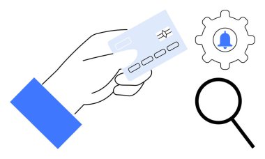 Kredi kartı, büyüteç, teçhizat ve ikaz ikonu. Finans, ödeme, güvenlik, teknoloji, e-ticaret hesabı doğrulama çevrimiçi alışveriş için ideal. Basit düz