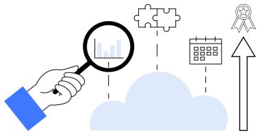 Grafik üzerinde büyüteç, bulmaca parçaları, takvim, bulut, yukarı doğru ok, kurdele ödülü. Analiz, planlama, işbirliği, başarı organizasyonu problem çözme teknolojisi için ideal