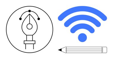 Vektör dizayn noktaları olan kalem ucu, mavi kablosuz sinyal ve bir kalem. Yaratıcılık, teknoloji, tasarım, iletişim, yenilik bağlantısı ve eğitim için idealdir. Basit düz metafor
