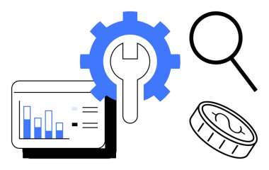 Grafik ekran, anahtar, büyüteç ve madeni para simgesi analizi, araçları, araştırmayı, maliyet verimliliğini ve işlem iyileştirmesini sembolize eder. Veri finansmanı pazarlama işlemleri için ideal