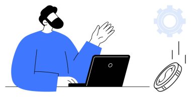 Sakallı adam dizüstü bilgisayarda çalışırken el kol hareketi yapıyor. Havada yazı tura atıyor. Arka planda dişli tasviri var. Kripto para birimi, fintech, yenilik, teknoloji, uzak çalışma, ekonomik dijital gelecek için ideal