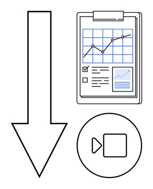 Büyüme çizelgesi ve kontrol listesi olan pano, içerik bağlantısı için çalma düğmesi ve aşağı doğru cesur ok. Analiz, içerik planlaması, izleme, performans, büyüme, strateji için ideal basit düz