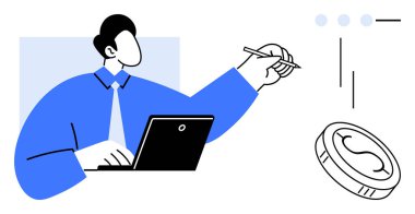 İşadamı dizüstü bilgisayar ve kalem kullanıyor, fikirleri analiz ediyor ve not alıyor. Finans, üretkenlik, strateji, beyin fırtınası, yönetim, liderlik ve karar verme için ideal. Basit düz metafor