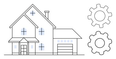 Büyük pencereleri, garajı ve otomasyon ve teknolojiyi simgeleyen vitesi olan modern bir ev. Teknoloji, otomasyon, akıllı ev, yenilik, gelecekteki emlak mühendisliği için ideal. Basit.