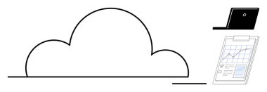 Minimalist bulut tasarımı, bağlı dizüstü bilgisayar ve veri grafikli tablet. Teknoloji, bulut hesaplama, veri depolama, analitik, bağlantı, dijital çözümler için ideal basit düz metafor