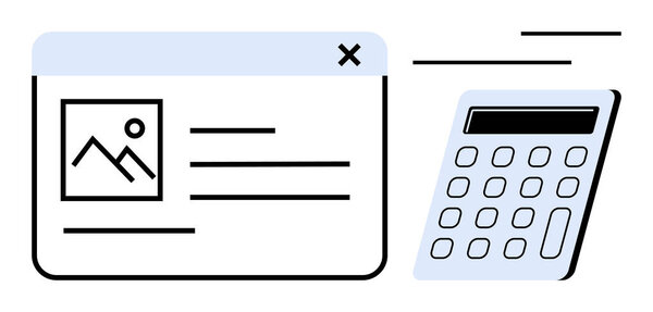 Web page with an image placeholder and text fields alongside a digital calculator. Ideal for finance, budgeting, technology, banking, e-commerce, education, analytics, and simple flat metaphor