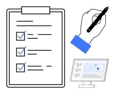 İşaretli ögeleri olan kontrol listesi, bir kalem tutan el ve veri analizlerini gösteren masaüstü. Üretkenlik, organizasyon, planlama, iş akışı, yönetim veri analizi iş stratejisi için idealdir. Temiz