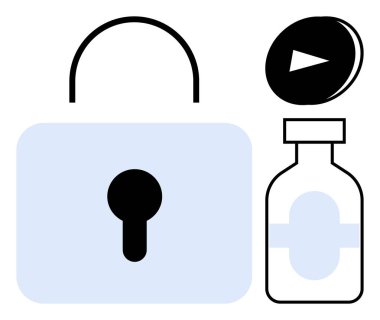 Mavi kilit sembolü, tıbbi şişe, ve gizlilik, sağlık hizmetleri ve medya erişim kavramlarını taşıyan ikon rolü. Teknoloji güvenliği, aşı güvenliği, mahremiyet, eğlence sağlığı koruması için ideal.