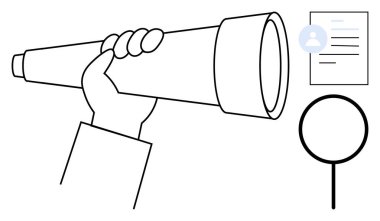 Büyüteç ve belge ikonunun yanında teleskopu kavramak. Keşif, araştırma, görüş, odaklanma, analiz, araştırma için ideal. Basit düz metafor