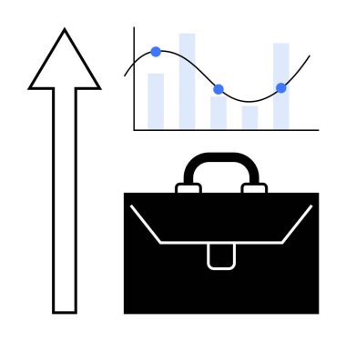 İlerleme için yukarı ok, analiz için mavi veri noktaları ve iş aletleri için bir evrak çantası. Ticari büyüme, finans, başarı, kariyer geliştirme, istatistik ve strateji için ideal