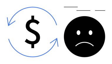 Üzerinde stres çizgileri olan üzgün bir yüzün yanındaki mavi yuvarlak oklarla çevrili siyah dolar işareti. Finans, ekonomik kriz, stres, iflas, durgunluk, kayıp, bütçe için ideal. Basit düz