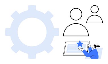 Profillerin yanında dişli sembolü ve dokunmatik ekran aygıtı kullanan bir kullanıcı takım çalışmasını, sistem ayarlarını ve kullanıcı etkileşimini vurgular. Üretkenlik, verimlilik, takım çalışması, dijital için ideal
