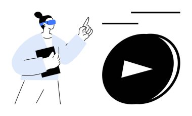 AR gözlüğü takan bir kadın dijital arayüzle etkileşime giriyor, elinde tablet tutuyor ve büyük bir oyun tuşuna işaret ediyor. Teknoloji, yenilik, medya, eğitim, eğlence, sanal gerçeklik için ideal