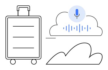 Seyahat ekipmanı ve teknolojiyi bağlayan dalga formu ve mikrofon ikonu olan dijital bulutun yanında bavul. Seyahat, yenilik, bulut hesaplama, ses teknolojisi, hareketlilik, depolama, iletişim için ideal
