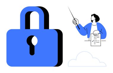 Elinde belge tutan ve işaret eden birinin yanında güvenliği simgeleyen büyük mavi asma kilit. Bir bulut simgesi içerir. Siber güvenlik, veri koruması, eğitim, bulut çözümleri ve mahremiyet için ideal