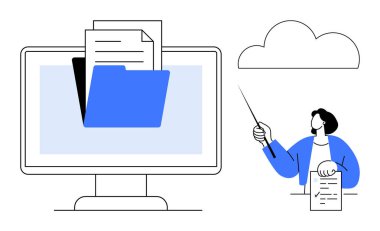 Dizin ve belgeler monitörde gösteriliyor, çubukla işaret edilen kişi, arkaplanda bulut simgesi. Organizasyon, veri, öğretim, teknoloji, paylaşım dosyaları, eğitim için basit düz metafor