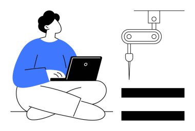 Bilgisayarla oturan kişi, mekanik kollu otomatik bir makineye bitişik. Yenilik, teknoloji, otomasyon, üretkenlik, uzaktan çalışma, dijitalleştirme eğitimi için ideal. Çok basit.