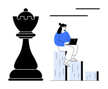 Satranç taşı, bar grafik basamaklarında oturan kişinin yanında dizüstü bilgisayarla, stratejiyi, büyümeyi, analitiği, karar vermeyi, iş anlayışını, kariyer büyümesini sembolize eder. Başarı yarışması için ideal