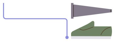 Bir megafonu soyut bir ayakkabı şekline bağlayan mor çizgi iletişimi, çıkış akışını, etkisini veya yön gösterimini temsil eder. Markalaşma, pazarlama, iletişim, strateji için ideal