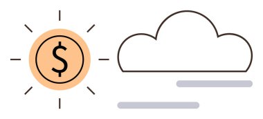 Dolar işaretiyle güneş refah yayar, çizilmiş bir bulut ve çizgilerin yanında, bağlantı ve yeniliğe işaret eder. Finans, büyüme, teknoloji, ekonomi ve bulut hesaplama için ideal