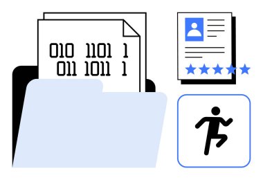 İkili kod dosyaları olan dizin, derecelendirme yıldızlı kişisel profil belgesi ve fitness etkinlik simgesi. Teknoloji, veri yönetimi, kariyer analizi, dijital güvenlik, fitness izleme için ideal