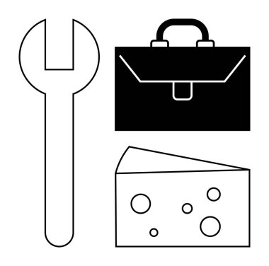 İngiliz anahtarı, iş çantası ve minimalist tasarımda peynir dilimi. İş hayatı dengesi, endüstri, meslekler, üretkenlik, aşçılık kavramları, eşsiz kombinasyonlar ve basit düz metafor için ideal.
