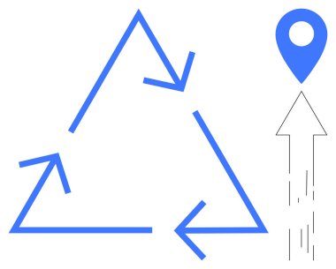 Mavi geri dönüşüm okları yukarı doğru ok ile konum işaretini gösteren üçgen bir döngü oluşturur. Sürdürülebilirlik, süreç akışı, hedefler, yön, ilerleme, atık yönetimi, gelecek için ideal