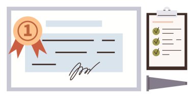 Ödül kurdeleli sertifika, imza, panoda yeşil işaretli kontrol listesi ve megafon. Tanınma, başarı, başarı, eğitim doğrulama ödülleri motivasyon için idealdir. Basit.