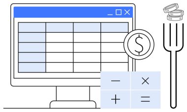 Bilgisayar ekranında bir tablo, hesaplamalar için hesap makinesi, para yığını, yemek bütçesi için çatal gösterilir. Bütçe, finans, gider takibi, maliyet yönetimi için ideal, çevrimiçi araçlar tasarruf ipuçları